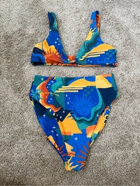 Skatie Blue Green Yellow Orange Abstract Sun Print Bikini